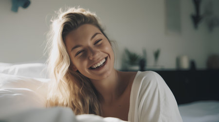 Beautiful young woman lying down on her bed at home and smilingの素材