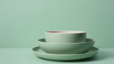 Ceramic plates and bowls on green background, 3d renderの素材
