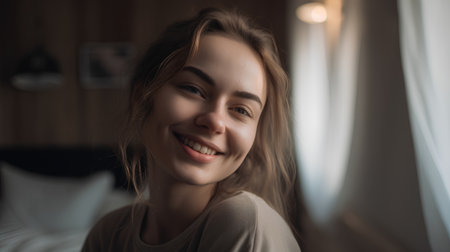 Portrait of beautiful young woman smiling and looking at camera in bedroomの素材