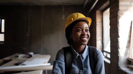 Portrait of african-american female engineer in hardhat smiling at cameraの素材