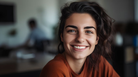 Portrait of a beautiful young woman smiling and looking at the cameraの素材