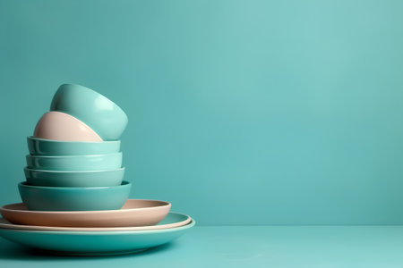 Stack of colorful ceramic tableware over turquoise background with copy spaceの素材