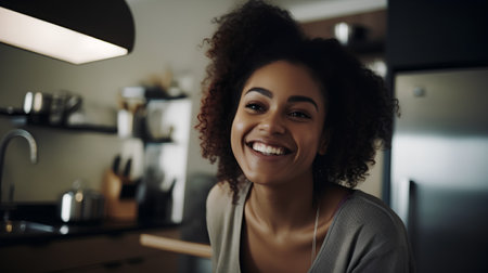 Portrait of a smiling young woman standing in the kitchen at homeの素材
