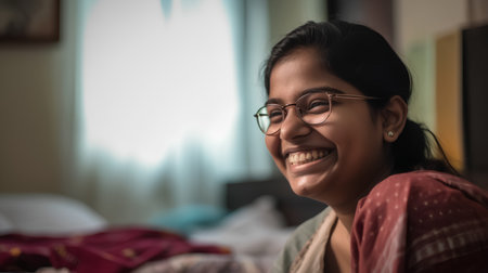 Portrait of a smiling young woman wearing eyeglasses at homeの素材