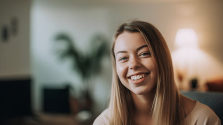 Portrait of a beautiful young woman smiling and looking at camera.の素材