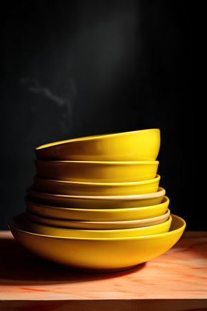 Stack of yellow plates on wooden table. Black background. Copy space.の素材