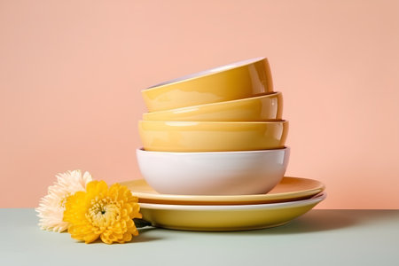 Colorful ceramic tableware with yellow flower on pastel background.の素材
