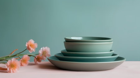 Set of colorful ceramic tableware and flowers on pastel background.の素材