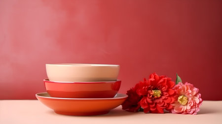 Colorful ceramic bowls and red flowers on a red background with copy spaceの素材