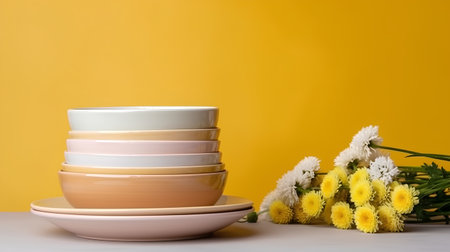 Colorful bowls and plates on a yellow background with daisiesの素材