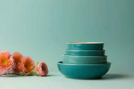 Colorful ceramic bowls and flowers on a green background with copy spaceの素材