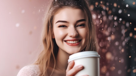 Portrait of a smiling young woman holding a cup of coffee.の素材