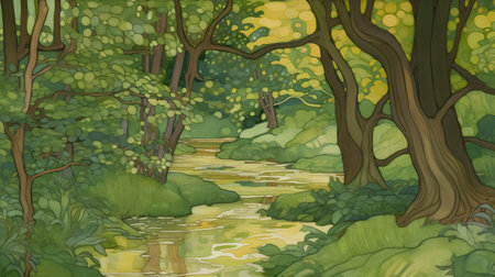 Beautiful forest with a river in the middle. Vector illustration.の素材