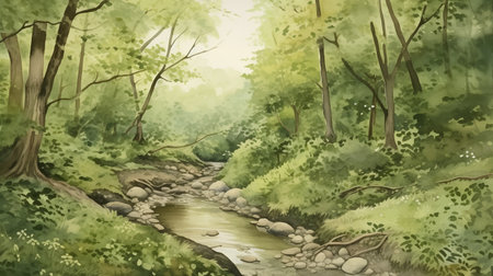 River in the forest. Watercolor painting. Illustration for your designの素材