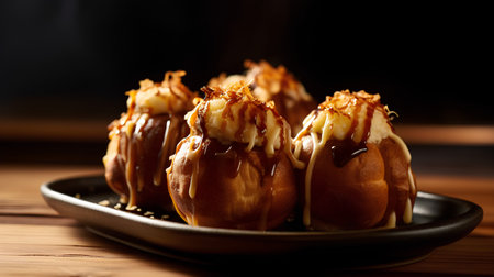 baked pears with caramelized condensed milk on a wooden tableの素材