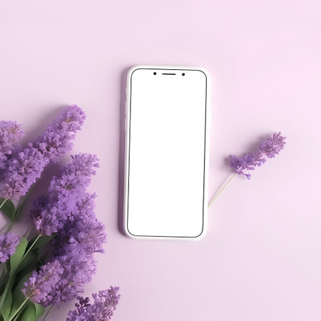 Smartphone with blank screen and bunch of lavender flowers on pink background. Top view, flat lay.の素材