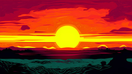 Sunset over the field. Vector illustration of a beautiful sunset.の素材