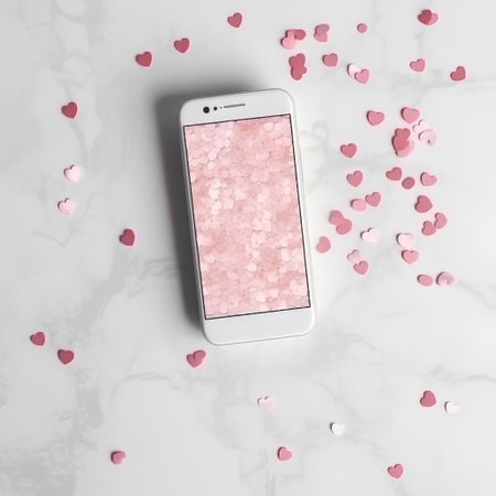 Valentine's day concept with pink hearts confetti and smartphonele backgroundの素材