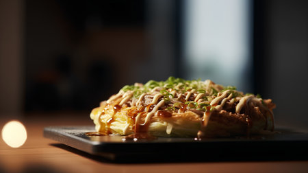 Tasty omelet with ham and mushrooms on a black plateの素材