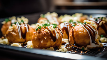 Takoyaki or Takoyaki is a Japanese deep-fried dough ball made from dough, topped with sweetened condensed milk.の素材