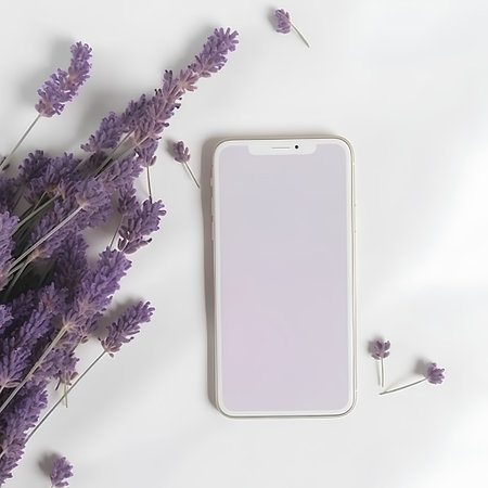 Smartphone with blank screen and lavender flowers on white background. Top view.の素材