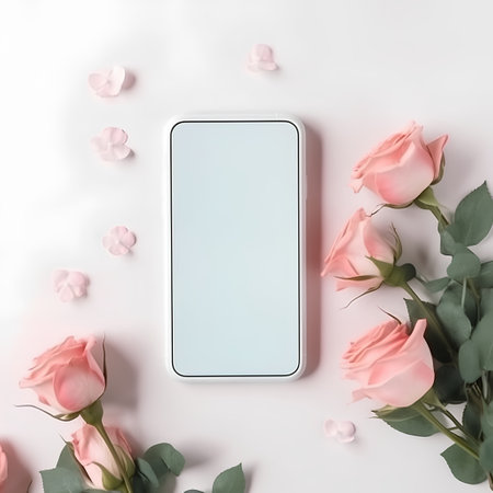 Smartphone with pink roses and eucalyptus flowers on white background. Flat lay, top viewの素材