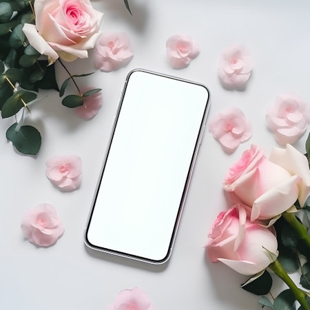 Smartphone mockup with pink roses and eucalyptus on white backgroundの素材