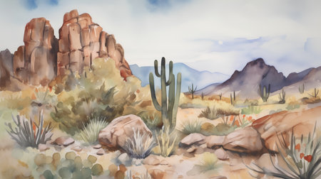Watercolor desert landscape with cactuses and mountains. Hand drawn illustrationの素材