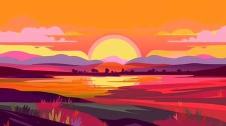 Seamless background with sunset over the lake. Vector illustration.の素材