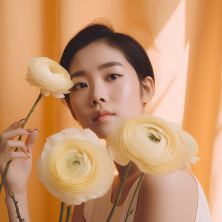 Beautiful asian woman with yellow flowers in her hands on orange backgroundの素材