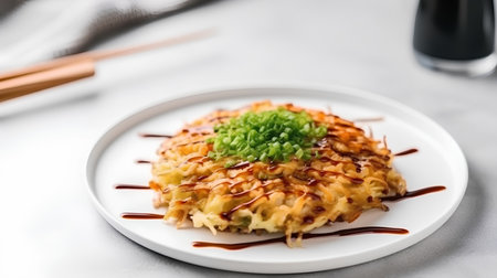 Japanese rice cake with sauce on a white plate. Selective focus.の素材