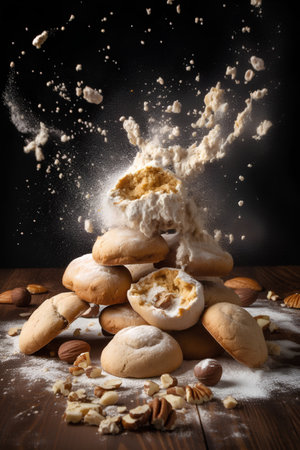 Cookies falling into flour on a wooden table on a black backgroundの素材