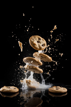 Chocolate chip cookies falling and splashing on a black background.の素材