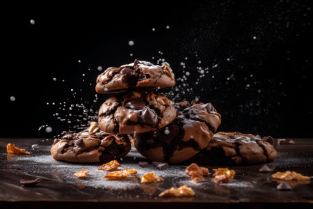 Chocolate chip cookies sprinkled with powdered sugar on a dark background.の素材
