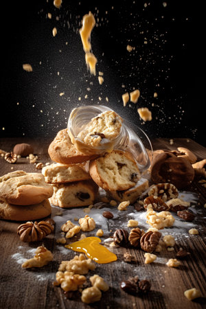 Cookies falling into a bowl with honey and walnuts on wooden backgroundの素材