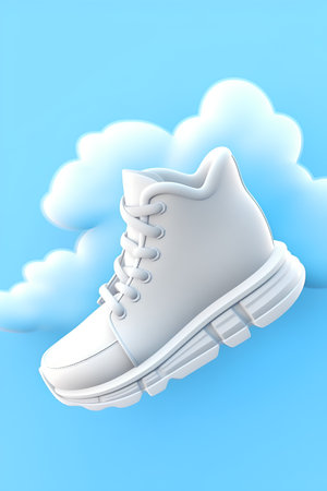Sneakers on a blue background with clouds. 3d illustrationの素材