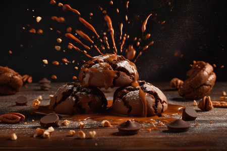 Chocolate muffins with splashes of caramel on a wooden backgroundの素材