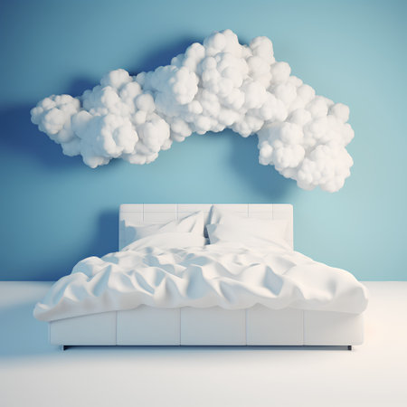 3d rendering of a white bed with clouds on the blue wallの素材