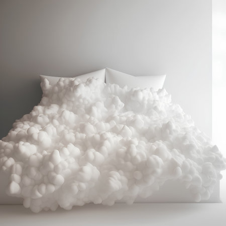3d rendering of a bed with white fluffy clouds in the roomの素材