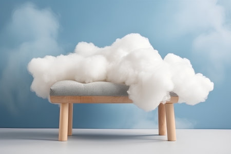 3d rendering of a wooden bench with clouds in the blue roomの素材