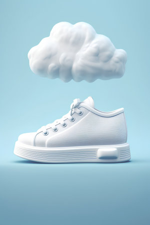 White sneakers with cloud on blue background. 3d illustration. Mock upの素材