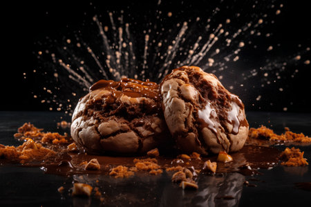 Chocolate chip cookies with caramel on a black background. Copy space.の素材