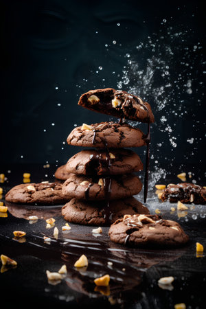 Chocolate chip cookies with splashes of chocolate on black background.の素材