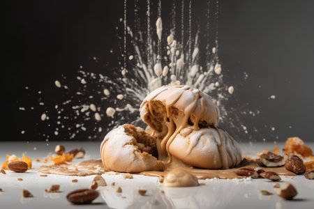 Meringue cookies with chocolate and nuts on a black background.の素材