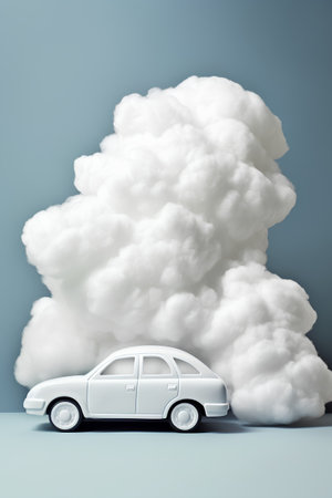 3D rendering of a white car with clouds in the background.の素材