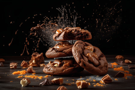 Chocolate chip cookies falling on a black background with splashes of cocoa powderの素材