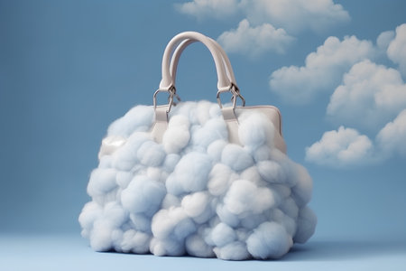 Fashionable handbag in the clouds. 3D rendering.の素材