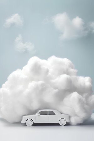 3d rendering of a white car with clouds in the background.の素材