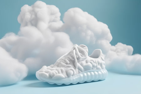 3d rendering of a white sneaker with clouds in the backgroundの素材