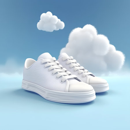 White sneakers on a blue background with clouds. 3D rendering.の素材